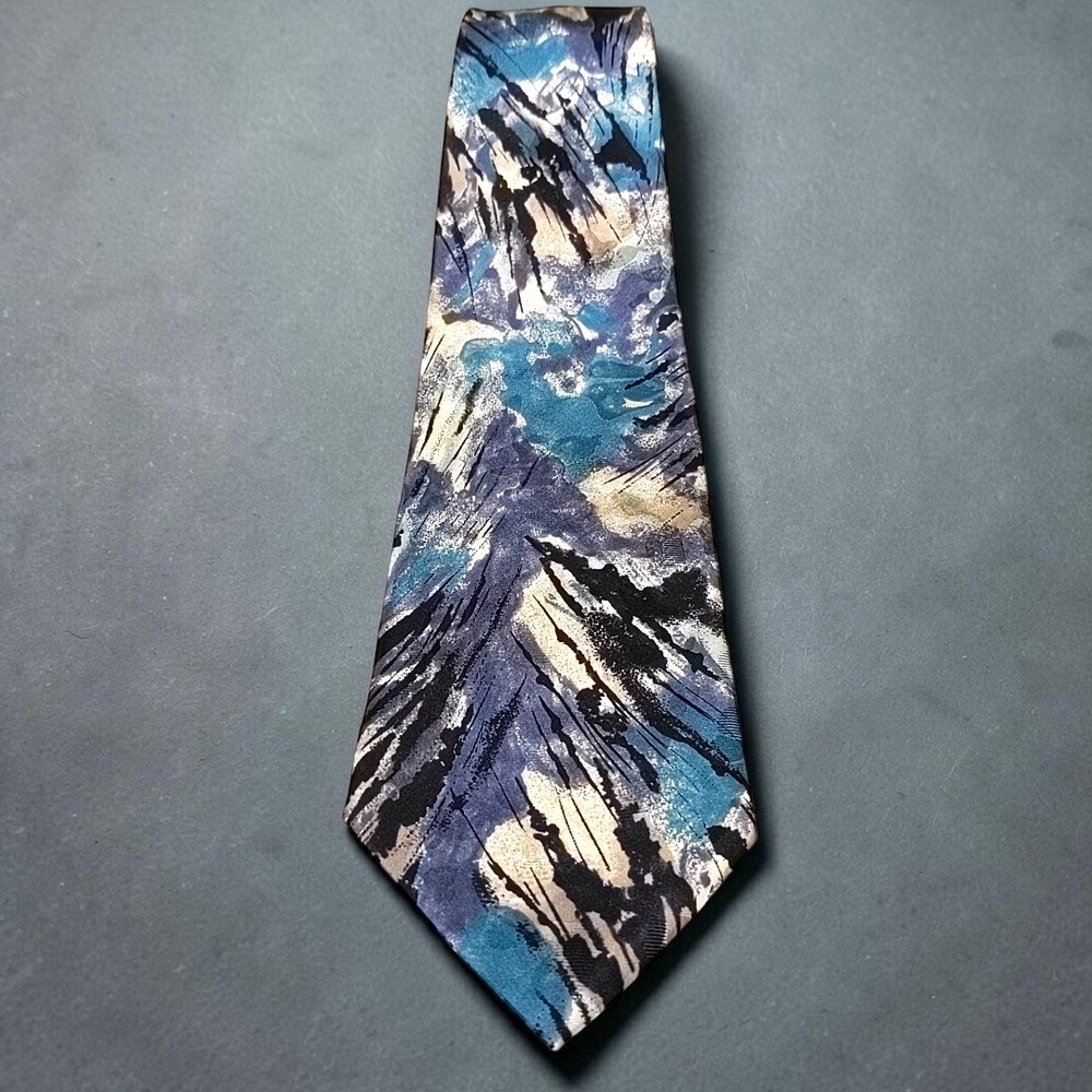 Stefano Milano 100% Silk Tie Vintage Abstract Painterly Pattern Blue Grey Italy‎